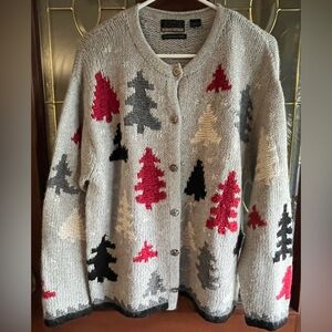 Sigrid Olsen Sport Angora Blend Gray Christmas Tree Cardigan Sweater Size Large